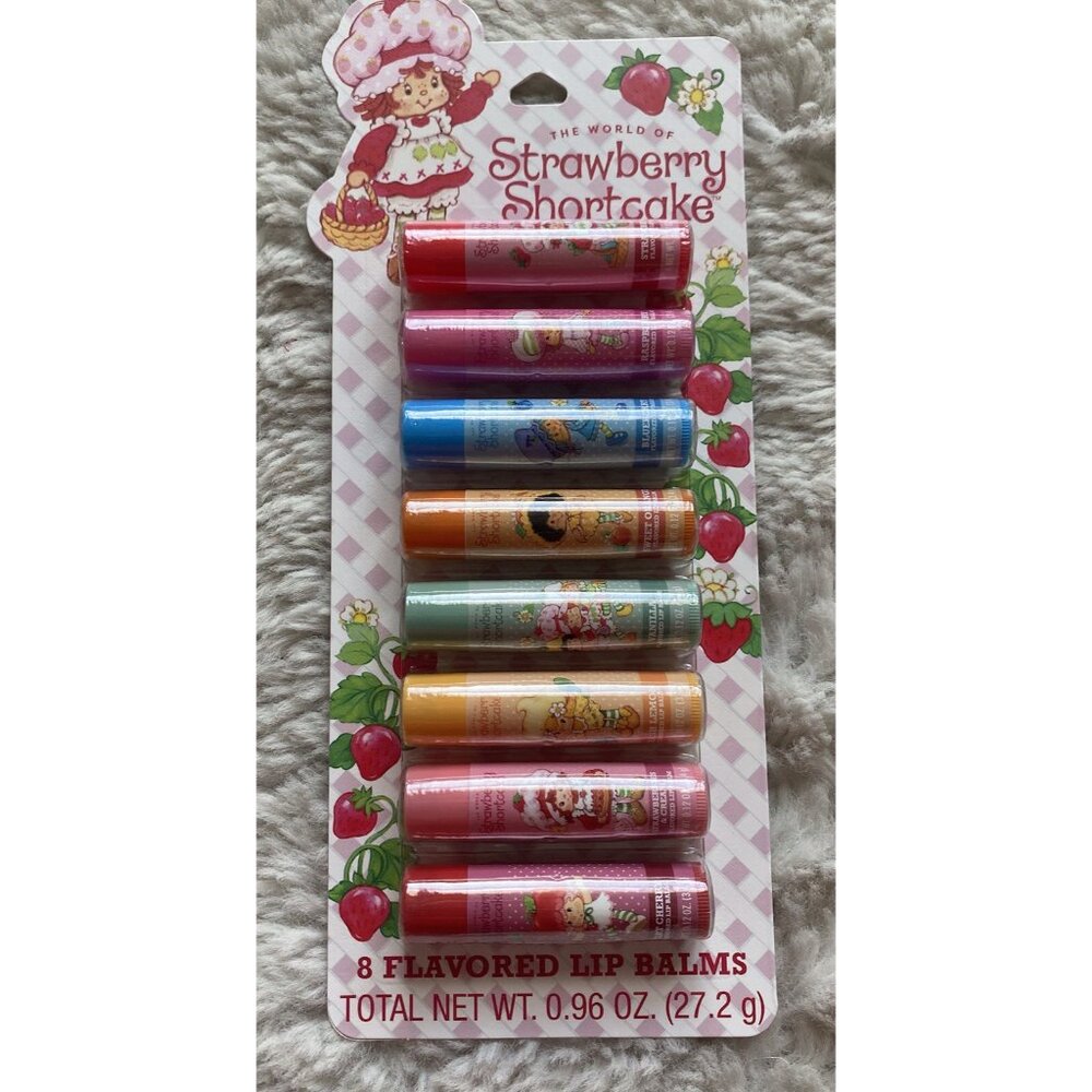 8 Pk Strawberry Shortcake Flavored Lip Balms Cherry Vanilla Blueberry Lemon NEW